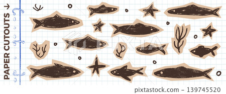 Cutout fish paper doodles for scrapbook card and notebook sticker. Crayon sardine collage with starfish and seaweed on grid school page. Vector trendy cutout fish set for poster craft isolated Cutout fish paper doodles for scrapbook card and notebook sticker. Crayon sardine collage with starfish and seaweed on grid school page. Vector trendy cutout fish set for poster craft isolated 139745520