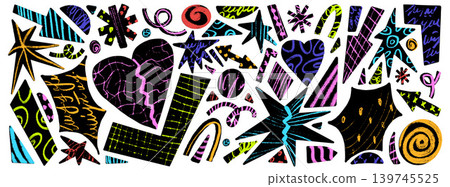 Geometric cutout shapes with neon grunge pattern and cracked heart on a black background. Bright crayon pieces for zine cover or punk poster and kids print. Vector geometric star cutout set isolated Geometric cutout shapes with neon grunge pattern and cracked heart on a black background. Bright crayon pieces for zine cover or punk poster and kids print. Vector geometric star cutout set isolated 139745525