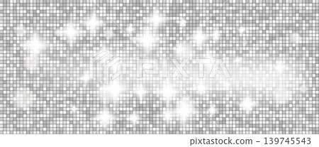 Party glitter disco ball backdrop with silver mirror mosaic for celebration card. Shiny party sequin texture and bright glitter sparkle. Vector pattern with shimmer and grid tile 139745543
