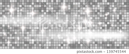 Disco ball mosaic with sparkle and silver mirror sequin for dance flyer. Bright disco ball backdrop and shiny glitter tile texture. Vector pattern with shimmer on grid accents Disco ball mosaic with sparkle and silver mirror sequin for dance flyer. Bright disco ball backdrop and shiny glitter tile texture. Vector pattern with shimmer on grid accents 139745544