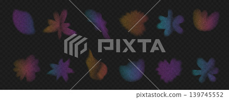 Neon grainy flower gradient shapes. Organic florals and leaves set with soft blur grunge texture and vibrant colors. Sand noise icons for y2k design. Vector grain wildflowers on transparent as png bg Neon grainy flower gradient shapes. Organic florals and leaves set with soft blur grunge texture and vibrant colors. Sand noise icons for y2k design. Vector grain wildflowers on transparent as png bg 139745552