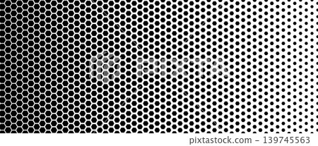 Honeycomb tech pattern with carbon hexagon for technology and sport banners. Nano fiber gradation fades from solid black mesh to dots. Dark honeycomb vector background for futuristic tech design 139745563