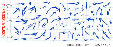 Arrow crayon hand drawn or pen brush pointer for poster and school doodle. Quirky sketch pointer with chalk texture or crayon on paper notebook binder. Vector scribble arrows collection isolated 139745592