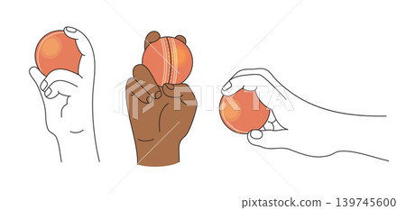 Cricket bowling grips set. Red leather ball professional hand positions. Diversity athlete representation. Minimalist vector Illustration. Isolated Line art Drawing on white Cricket bowling grips set. Red leather ball professional hand positions. Diversity athlete representation. Minimalist vector Illustration. Isolated Line art Drawing on white 139745600