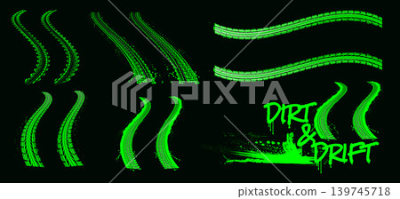 Green neon tire tracks vector set on black background. Grunge dirty wheel prints and drift race elements illustration Green neon tire tracks vector set on black background. Grunge dirty wheel prints and drift race elements illustration 139745718