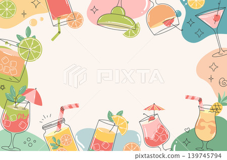 Retro pastel cocktail border composition with colorful summer party drinks Retro pastel cocktail border composition with colorful summer party drinks 139745794
