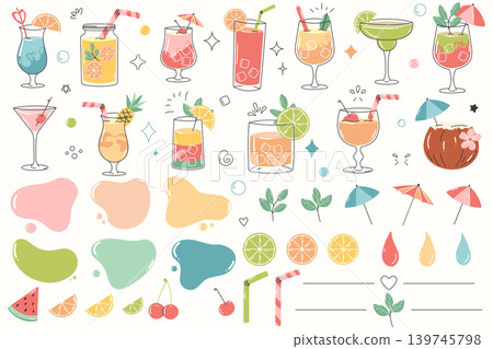 Tropical cocktail elements collection with summer drinks fruits and decor Tropical cocktail elements collection with summer drinks fruits and decor 139745798