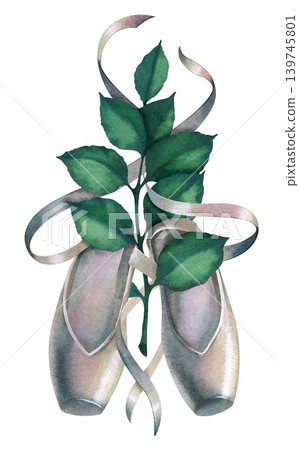Pink and gray satin pointe shoes, silk ribbons, a green branch Watercolor illustration on a white background. Ballet, ballerina, theater, birthday. Stickers, cards, invitation, prints, ticket, package 139745801