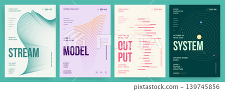 Futuristic technology posters. Set of abstract data visualization templates. Wave lines, system graphics, and digital layouts for business presentation and creative design. Futuristic technology posters. Set of abstract data visualization templates. Wave lines, system graphics, and digital layouts for business presentation and creative design. 139745856