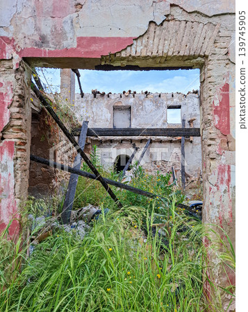 The old brick doorway offers a glimpse into a ruined house filled with debris and wild plants. Green grass and yellow flowers grow all around and the sky is cloudy. The old brick doorway offers a glimpse into a ruined house filled with debris and wild plants. Green grass and yellow flowers grow all around and the sky is cloudy. 139745905