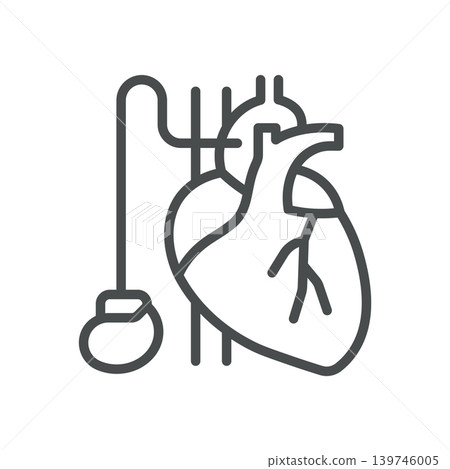 Pacemaker Icon. Cardiology Implant Device Outline Line Symbol with Anatomical Heart, Electrodes, Editable Stroke Vector Isolated on White Background 139746005