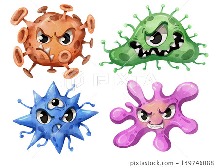 Set of cute watercolor hand drawn virus and bacteria cartoon characters. Funny microbe and germ illustrations for medical and educational design. Colorful pathogen icons isolated on white background. Set of cute watercolor hand drawn virus and bacteria cartoon characters. Funny microbe and germ illustrations for medical and educational design. Colorful pathogen icons isolated on white background. 139746088