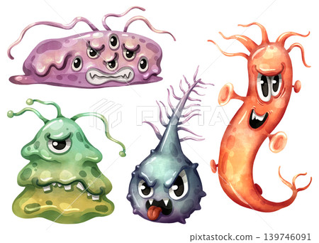Set of cute watercolor hand drawn virus and bacteria cartoon characters. Funny microbe and germ illustrations for medical and educational design. Colorful pathogen icons isolated on white background. Set of cute watercolor hand drawn virus and bacteria cartoon characters. Funny microbe and germ illustrations for medical and educational design. Colorful pathogen icons isolated on white background. 139746091
