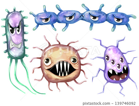 Set of cute watercolor hand drawn virus and bacteria cartoon characters. Funny microbe and germ illustrations for medical and educational design. Colorful pathogen icons isolated on white background. Set of cute watercolor hand drawn virus and bacteria cartoon characters. Funny microbe and germ illustrations for medical and educational design. Colorful pathogen icons isolated on white background. 139746092