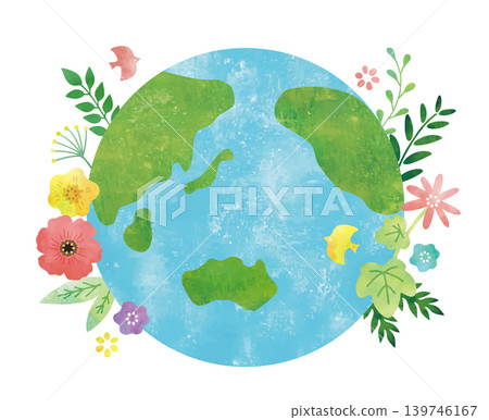 A watercolor painting of the Earth overflowing with flowers and plants 139746167