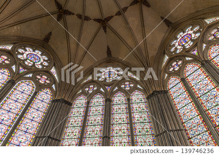 Vaulted ceiling and stained glass windows in Salisbury Cathedral Vaulted ceiling and stained glass windows in Salisbury Cathedral 139746236