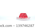 Red jelly on a transparent plate, viewed from the side, white background, 3D rendering. 139746287