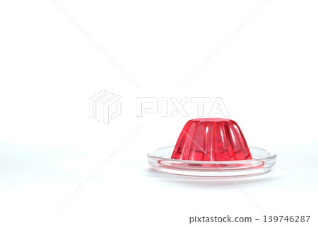Red jelly on a transparent plate, viewed from the side, white background, 3D rendering. Red jelly on a transparent plate, viewed from the side, white background, 3D rendering. 139746287