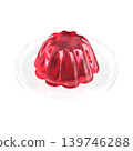 Red jelly on a transparent plate, viewed from an oblique angle above, transparent background, 3D rendering. 139746288