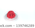 Red jelly on a transparent plate, viewed from an oblique angle, against a white background, 3D rendering. 139746289
