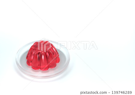 Red jelly on a transparent plate, viewed from an oblique angle, against a white background, 3D rendering. Red jelly on a transparent plate, viewed from an oblique angle, against a white background, 3D rendering. 139746289