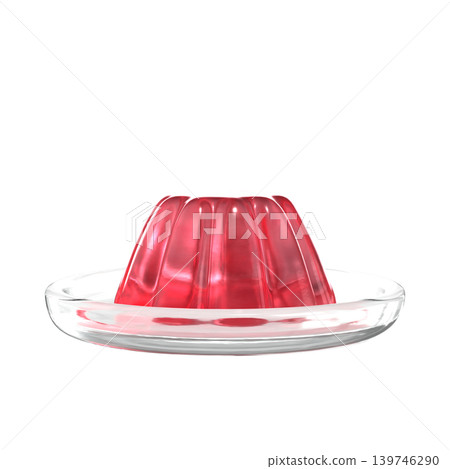 Red jelly on a transparent plate, viewed from the side, transparent background, 3D rendering. Red jelly on a transparent plate, viewed from the side, transparent background, 3D rendering. 139746290