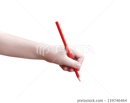 The image shows a hand holding a red colored pencil against a white background. The image shows a hand holding a red colored pencil against a white background. 139746464