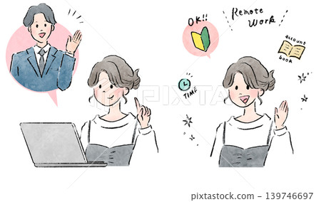 A set of illustrations depicting men and women talking online and images representing remote work. A set of illustrations depicting men and women talking online and images representing remote work. 139746697