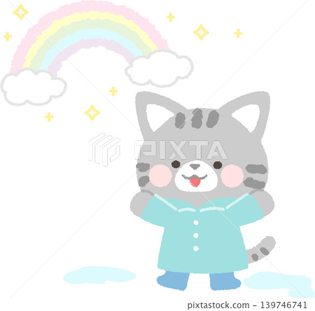 一隻虎斑貓因雨停而歡欣鼓舞。 （無輪廓） 139746741