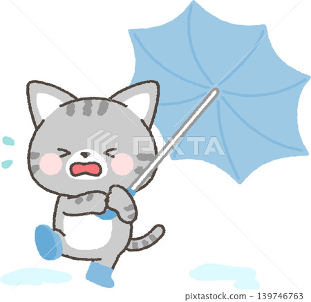 一隻虎斑貓，它的雨傘被風吹得搖搖晃晃。 139746763