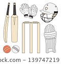 Professional Cricket Equipment Set. Wooden Bats, Protective Helmet, Leg Guards, Batting Gloves, Stumps and Leather Balls. Isolated minimalist Vector Illustration. 139747219