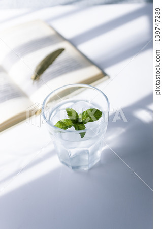 Mint water and reading time on a summer morning Mint water and reading time on a summer morning 139747289