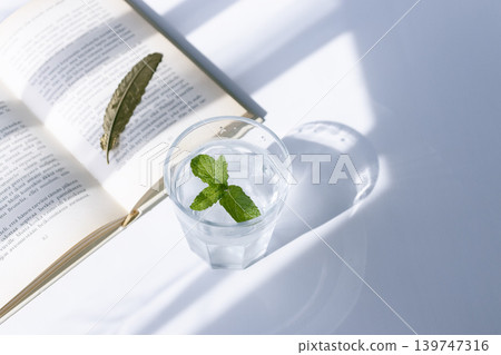 Summer sunlight, mint water, and reading time Summer sunlight, mint water, and reading time 139747316