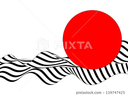 Abstract red circle over black and white striped waves in op art style isolated on white background 139747425