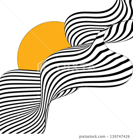 Abstract yellow circle with vertical black and white striped waves in op art style. Eps 10 139747426