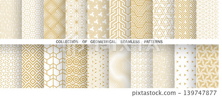 Geometric set of seamless golden and white patterns. Simple vector graphics Geometric set of seamless golden and white patterns. Simple vector graphics 139747877