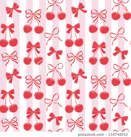 Seamless cherry pattern with pink bows and ribbons creates a cute girly background. The coquette aesthetic and vector style make it ideal for fashion or textile prints. 139748032