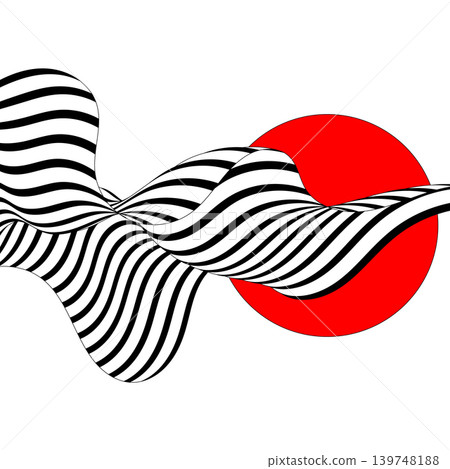 Abstract red circle with curved black and white striped waves in op art style. Eps 10 139748188