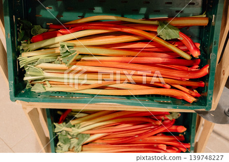 Fresh rhubarb stalks stacked in green crate at grocery store produce section. Seasonal organic vegetable for desserts and cooking. Close-up of red and green rhubarb stems in supermarket display Fresh rhubarb stalks stacked in green crate at grocery store produce section. Seasonal organic vegetable for desserts and cooking. Close-up of red and green rhubarb stems in supermarket display 139748227