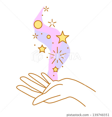 Magic stars in hand. Palm hold or gives celestial body. Line art style. Magic stars in hand. Palm hold or gives celestial body. Line art style. 139748351