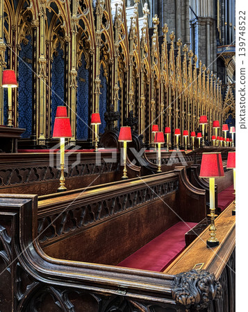 Gothic Westminster Abby Choir Stalls With Ornate Gold Tracery, Blue Backing and Red Lamp Lighting Gothic Westminster Abby Choir Stalls With Ornate Gold Tracery, Blue Backing and Red Lamp Lighting 139748522