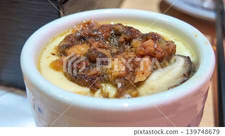 a steamed egg with toppings a steamed egg with toppings 139748679