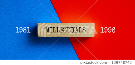 Millennials label on blue and red diagonal background with years 1981 and 1996, generational identity and demographics concept Millennials label on blue and red diagonal background with years 1981 and 1996, generational identity and demographics concept 139748743