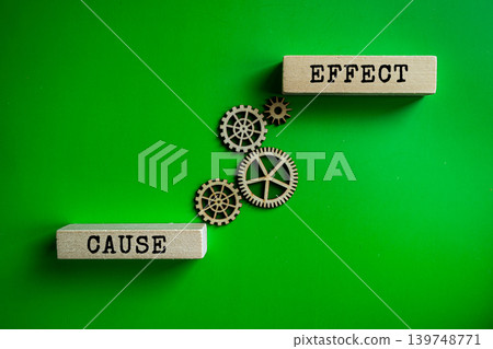 Cause and Effect wooden labels with gears on green background, business analytics and logical reasoning management concept 139748771