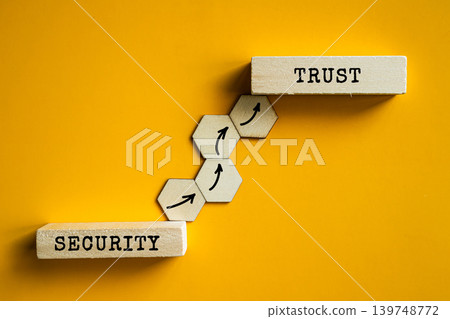 Security and Trust wooden labels with hexagon steps on orange background, cybersecurity and business reliability concept 139748772