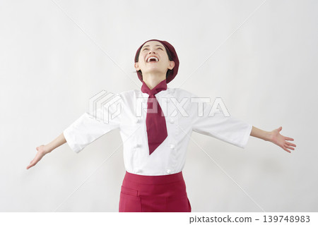 Female pastry chef/baker/cafe employee, deep breath, white background Female pastry chef/baker/cafe employee, deep breath, white background 139748983