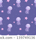 Seamless pattern with cute cartoon smiling jellyfish and starfish on a blue background. Vector illustration for the design of postcards, posters, banners, printing, textiles 139749136