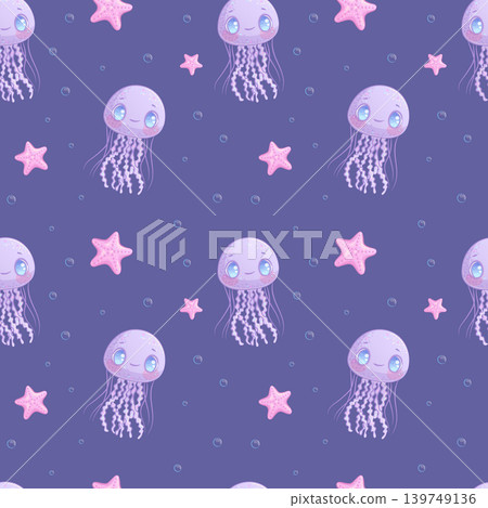Seamless pattern with cute cartoon smiling jellyfish and starfish on a blue background. Vector illustration for the design of postcards, posters, banners, printing, textiles Seamless pattern with cute cartoon smiling jellyfish and starfish on a blue background. Vector illustration for the design of postcards, posters, banners, printing, textiles 139749136