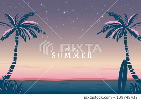 An illustration of palm trees and a surfboard against a backdrop of a starry sky, the sea, and a sunset. An illustration of palm trees and a surfboard against a backdrop of a starry sky, the sea, and a sunset. 139749432