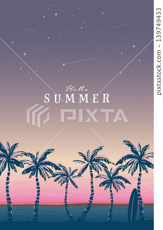 An illustration of palm trees and a surfboard against a backdrop of a starry sky, the sea, and a sunset. An illustration of palm trees and a surfboard against a backdrop of a starry sky, the sea, and a sunset. 139749433